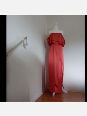 NWOT White Closet Womens Strapless Orange Satin Off Shoulder Ruffle Maxi Dress